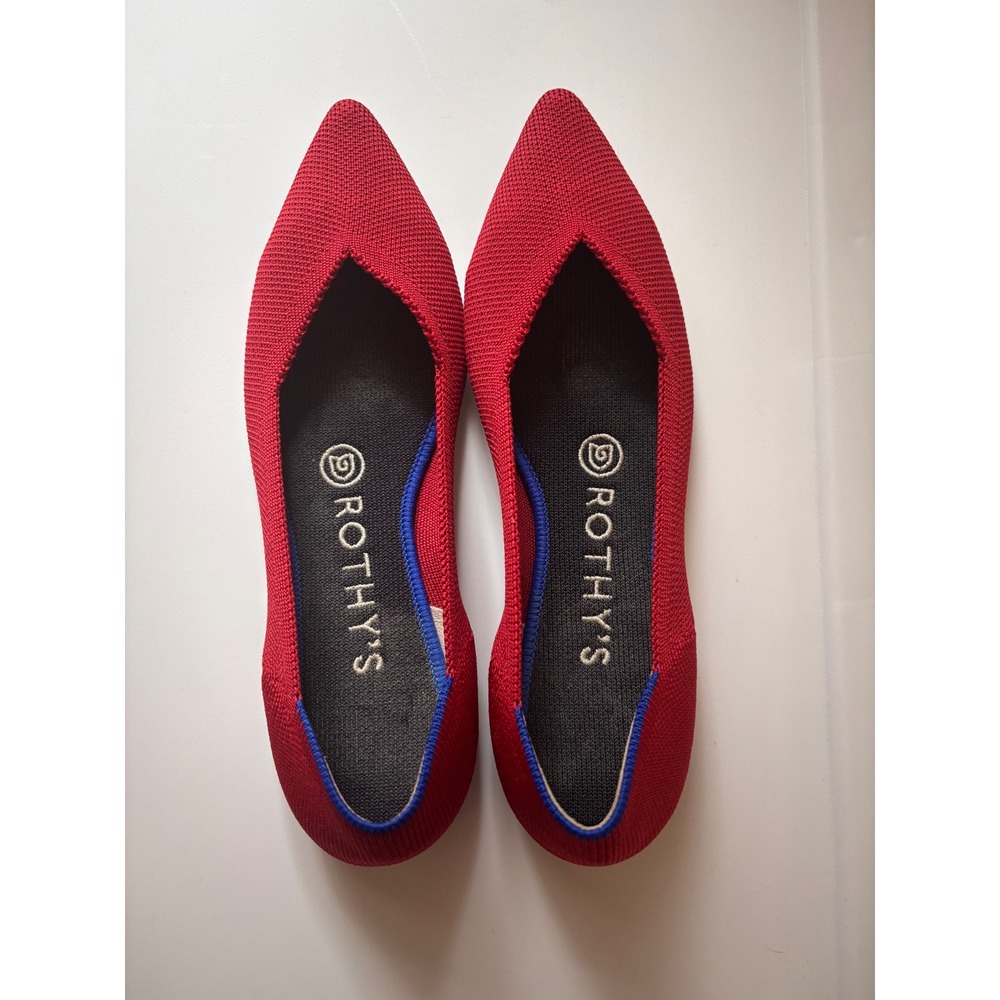 Rothy's Red Pointed Toe Flats with Blue Trim